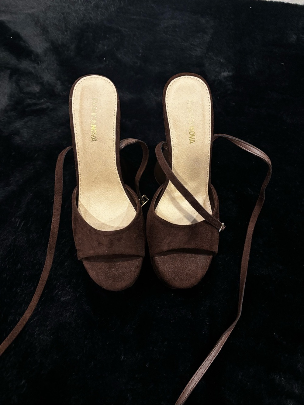 Fashion Nova Dark Brown Suede Lace-Up Mules
